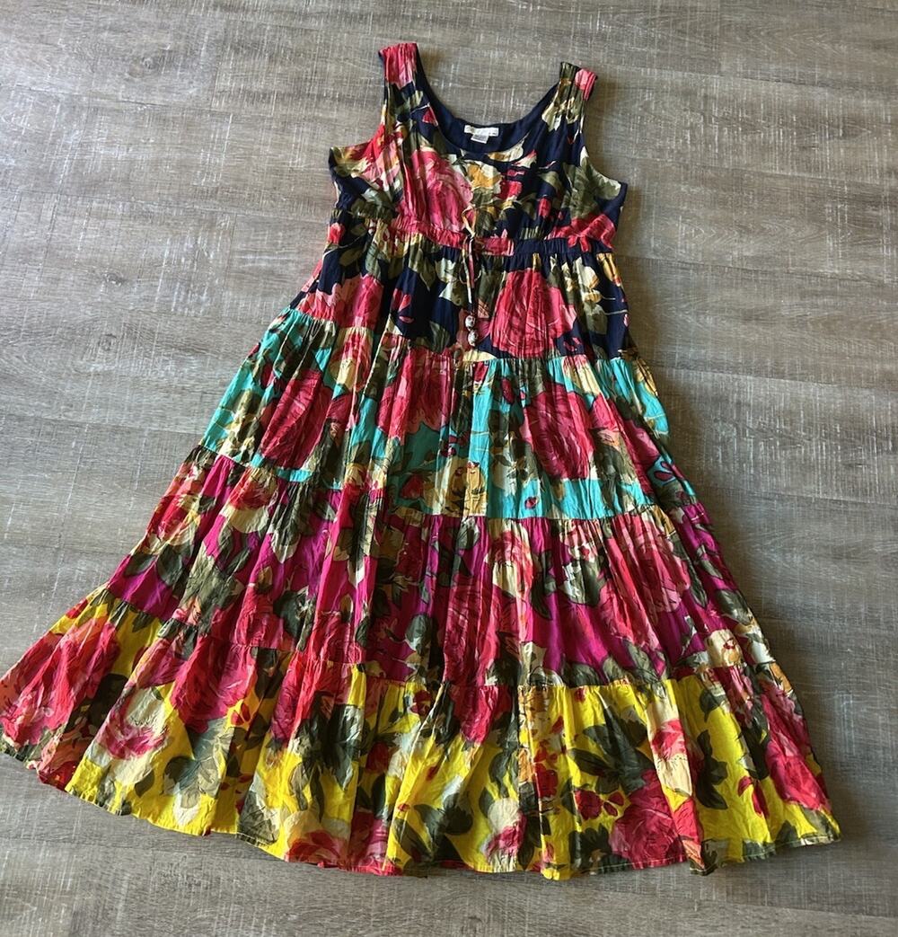 Vasna Desire Womens L Floral Patchwork Tiered Maxi Dress Cotton Boho Beaded